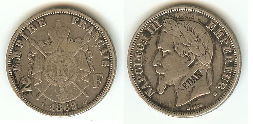 2 Francs Napoléon III 1869BB Strasbourg(SEDAN) gVF